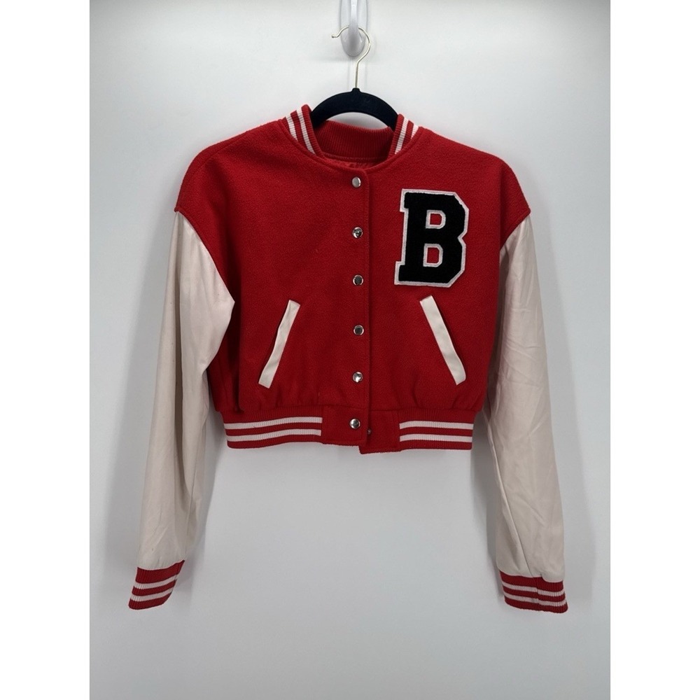Love Tree Cropped Varsity Jacket Red White Letter B Small 0003